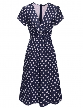 

Navy blue Women's Knot Deep V-Neck Polka Dots Vintage Style A-Line Dress, Multicolor