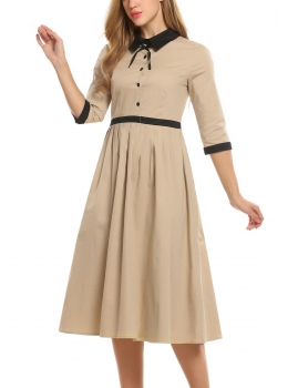 

Khaki Women Casual Turn Down Collar Vintage Style Bow Pleated Work Dresses, Multicolor