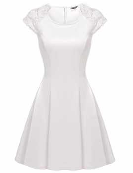 

White Cap Sleeve Lace Patchwork Pleated Swing Hem Solid Party Dress, Multicolor