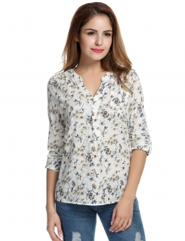 

Meaneor Brown Women Casual V Neck Roll Up Sleeve Floral Print High Low Hem Tops Shirts & Blouses, Multicolor