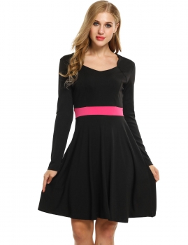 

Black Women Long Sleeve V Neck Patchwork Slim Contrast Color Pleated Casual Dresses, Multicolor