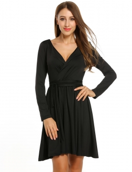

ACEVOG Black Women V-Neck Long Sleeve Fit and Flare Solid Pleated With Belt Casual Dresses, Multicolor