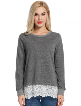 

ACEVOG Dark gray Long Sleeve Lace Trim Casual Loose Fit Tunics, Multicolor