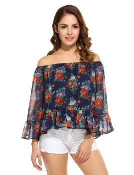 

Slash Neck Floral Print Off the Shoulder Pullover Chiffon Blouse, Multicolor