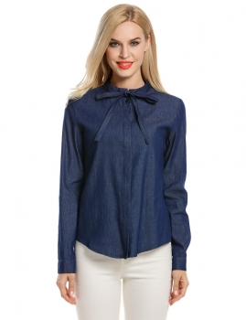 

Blue Women Stand Collar Cotton Button Down Casual Leisure Loose Tank Tops Shirts & Blouses, Multicolor