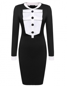 

Black Women Long Sleeve Ruffles Stand Collar Package Hip Knee OL Business Pencil Dress, Multicolor