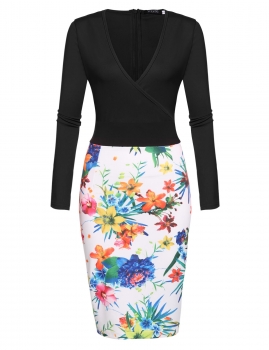 

Black V-neck Pencil Print Package Hip Slim Knee Dress, Multicolor