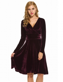 

Wine red New Women Casual Crossing V-Neck Long Sleeve Zipper Solid Pleated Dress, Multicolor