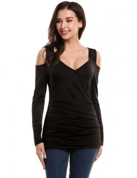 

Black New Women Sexy V-Neck Long Sleeve Cold Shoulder Pleated Bodycon T-Shirt, Multicolor