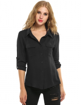 

Black Casual Long Sleeve Turn-down Collar Solid with Pockets Shirts & Blouses, Multicolor