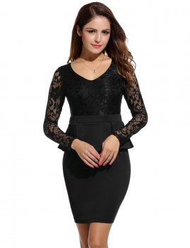 

Black V-Neck Long Sleeve Lace Patchwork Party Dress, Multicolor