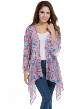 

Women Flare Sleeve Open Front Print Asymmetrical Hem Casual Chiffon Cardigan, Multicolor