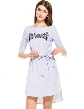 

Blue Striped Slash Neck Belted High Low Hem Dress, Multicolor