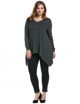 

Gray V-Neck Long Sleeve Solid Asymmetrical Hem T-Shirts, Multicolor