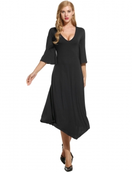 

Black New Women Sexy V-Neck Flare Sleeve Asymmetrical Hem Solid Loose Casual Dresses, Multicolor