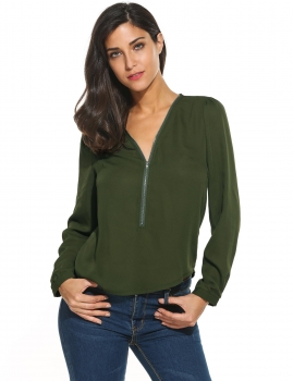 

Circular Arc Hem Zip V-Neck Long Sleeve Solid Pullover Chiffon Shirts, Multicolor