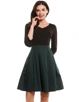 

Green V-Neck 3"4 Sleeve Patchwork Cocktail Party Skater Dress, Multicolor