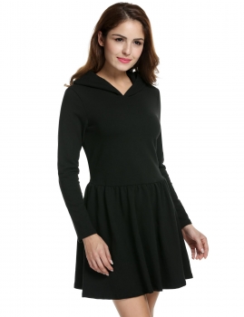 

Black Long Sleeve Hooded Low Waist Pleated Casual Dress, Multicolor