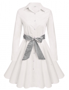 

White Turn Down Collar Button Down Swing Shirt Belted Dress, Multicolor