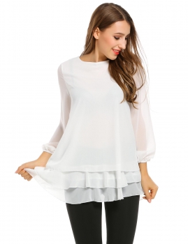 

ACEVOG White Long Sleeve Double Layer Ruffles Chiffon Solid Loose Shirts & Blouses, Multicolor