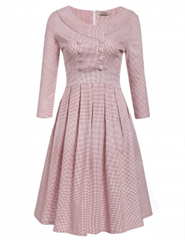 

Women Shawl Collar 3"4 Sleeve Double-breasted Plaid Party Pleated Swing Dress, Multicolor