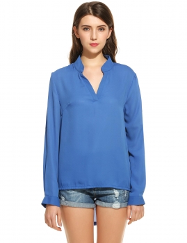 

Blue Chiffon Asymmetrical Hem V-Neck Solid Long Sleeve Pullover Blouse, Multicolor