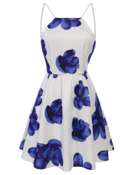 

Blue Vintage Style Spaghetti Strap Backless Floral Casual Dress, Multicolor