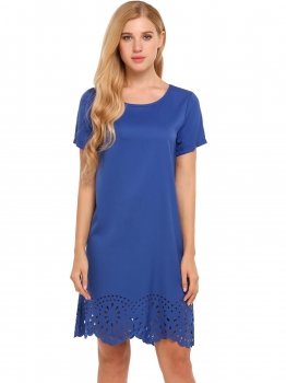 

Blue Solid Hollow Out Hem Straight Mini Dress, Multicolor