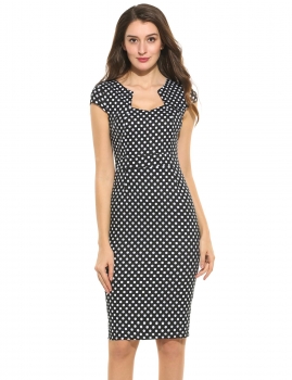 

New Women Vintage Styles Square Collar Cap Sleeve Dot Bodycon Slim Package Hip Dress, Multicolor