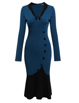 

Women's V-Neck Long Sleeve Side Button Bodycon Fishtail Pencil Dress, Multicolor