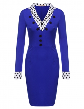 

Blue Turn-down Collar Vintage Styles Dot Patchwork Pencil Dress, Multicolor