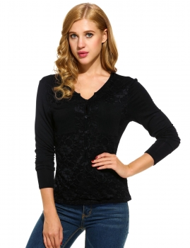 

Floral Lace V-Neck Long Sleeve Pocket T-Shirt, Multicolor