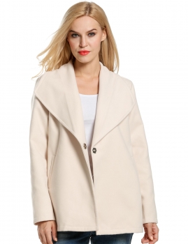 

Beige Wide Lapel Long Sleeve Single Button Belted Solid Wool Blend Coat, Multicolor