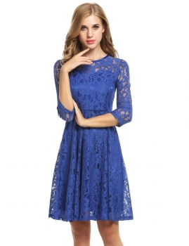 

Meaneor Blue Women Round Neck 3"4 Sleeve Pleated Lace Slim Evening Cocktail Party Wedding & Bridesmaid Dresses, Multicolor