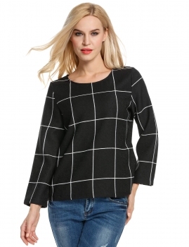 

Black Women Long Sleeve Plaid Polyester Slim Casual OL Tops Shirts & Blouses, Multicolor