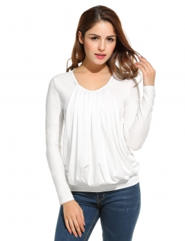 

V-Neck Long Sleeve Solid Pleated Blouse, Multicolor