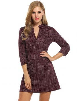 

Wine red V-Neck Three Quarter Sleeve Dot Prints Casual Dress, Multicolor