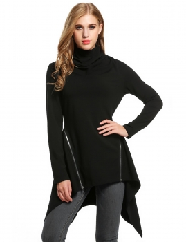 

Turtleneck Long Sleeve Solid Asymmetrical Hem Tunic with Zipper, Multicolor