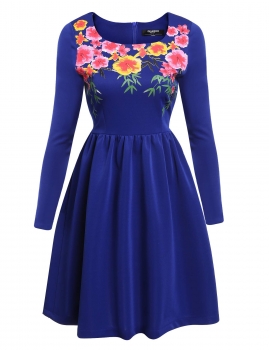 

Blue Floral Print Long Sleeve Cocktail Pleated Casual Dress, Multicolor