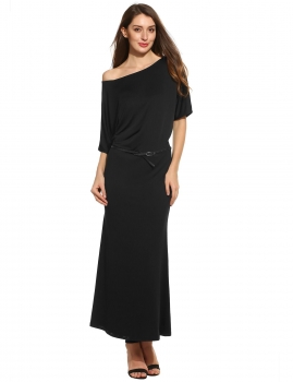 

Black New Women Sexy Oblique Collar Half Sleeve Solid Pleated Off the Shoulder Elastic Package Hip Maxi Dress, Multicolor
