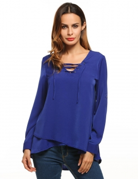 

Zeagoo Blue Lace Up V-Neck Long Sleeve Asymmetrical Hem Loose Casual Tops, Multicolor