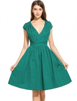 

Green Women Casual Short Sleeve Dot V Neck Tunic Tea Dress, Multicolor