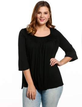 

Black Plus Sizes Round Neck 3"4 Flare Sleeve Draped Pleated Solid Shirts & Blouses, Multicolor