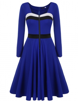 

Women s Colorblock Long Sleeve Square Neck Party Pleated Dress, Multicolor