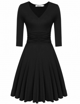 

Black V-Neck 3"4 Sleeve Ruched Waist Party Swing Dress, Multicolor