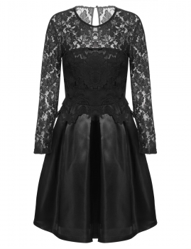 

Black New Women Lace O-Neck Long Sleeve Round Neck Pleated Party Dresses, Multicolor