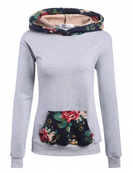 

Gray Floral Patchwork Hooded Pullover Hoodie with Pockets, Multicolor