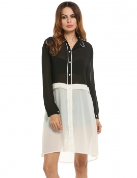 

Black Casual Turn-down Collar Patchwork Asymmetrical Hem Long Chiffon Shirts & Blouses, Multicolor