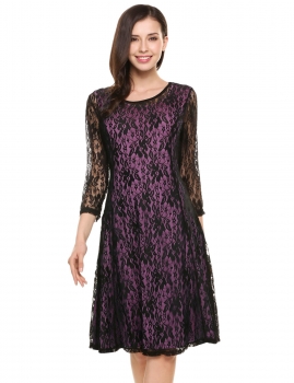 

Rose red O Neck Long Sleeve Floral Lace Short Dress, Multicolor