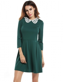 

Green Lace Peter Pan Collar 3"4 Sleeve Pleated Casual Dress, Multicolor